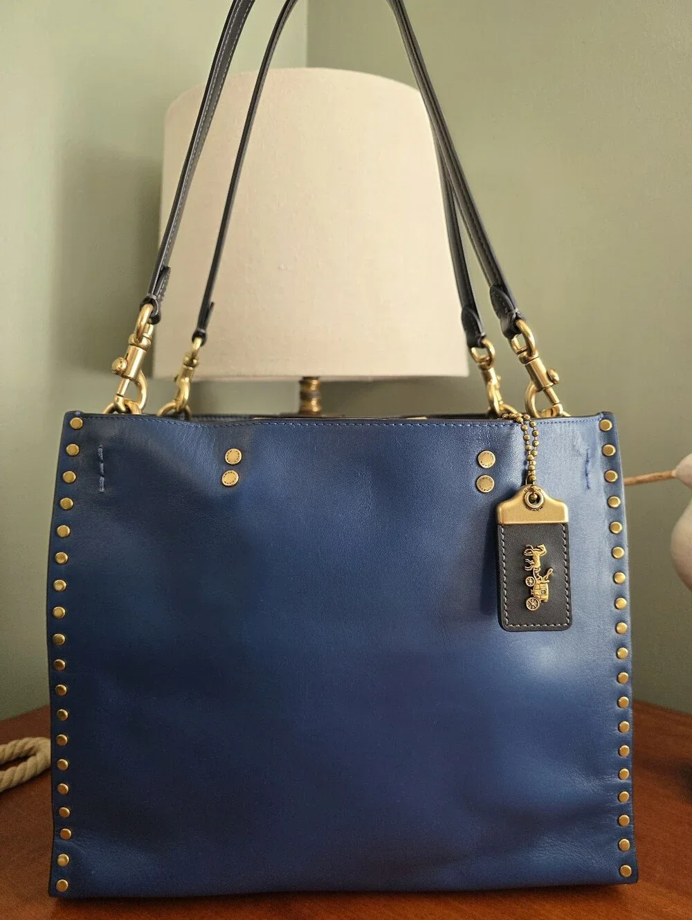 Coach CC381 Rogue 30 True Blue Colorblock Border Rivets Leather Satchel Bag